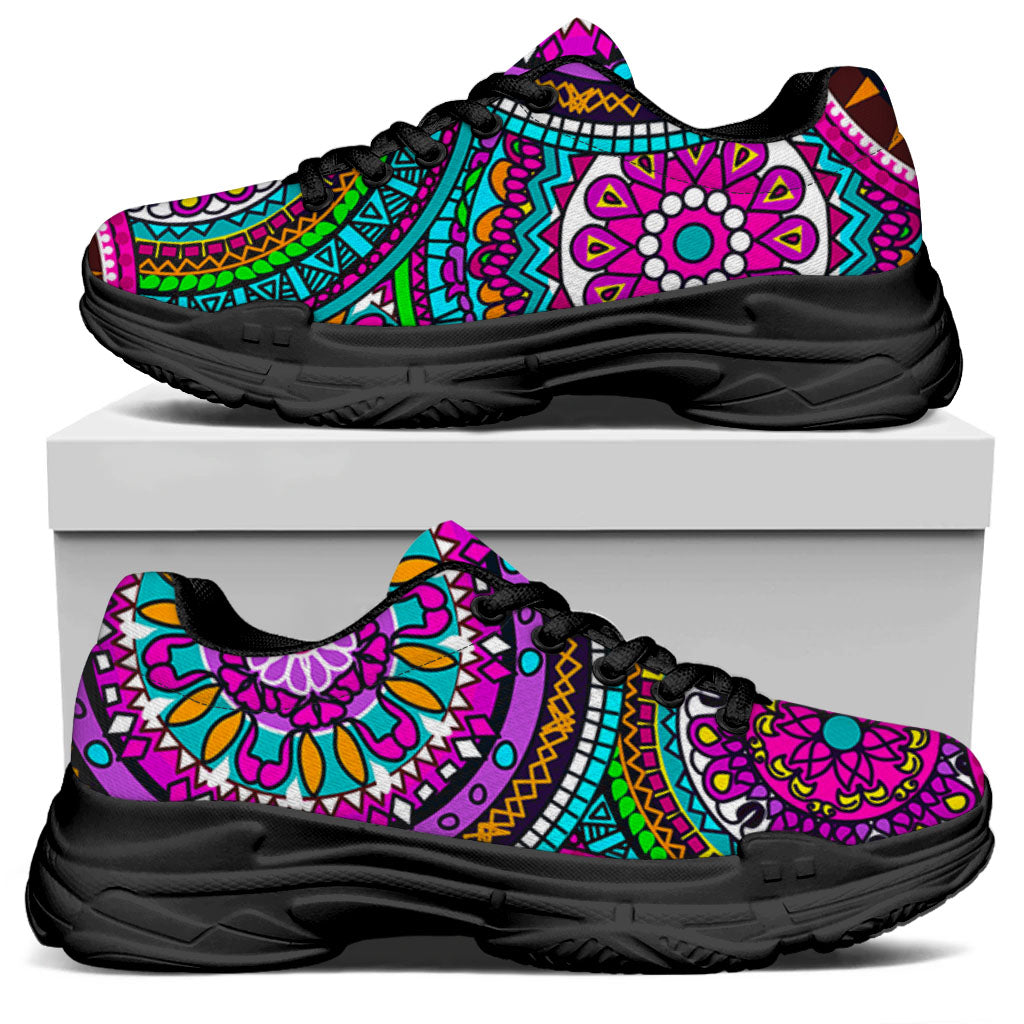 Purple Teal Circle Mandala Print Black Chunky Shoes