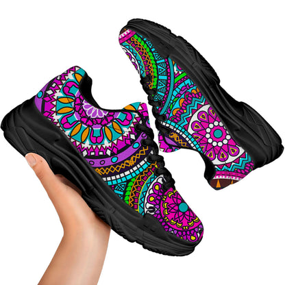 Purple Teal Circle Mandala Print Black Chunky Shoes