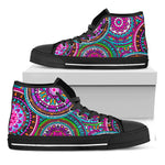 Purple Teal Circle Mandala Print Black High Top Sneakers