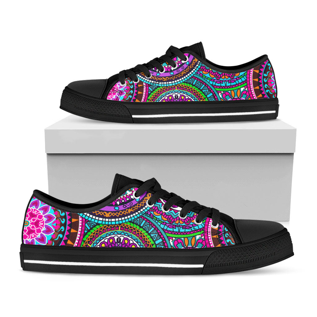 Purple Teal Circle Mandala Print Black Low Top Sneakers