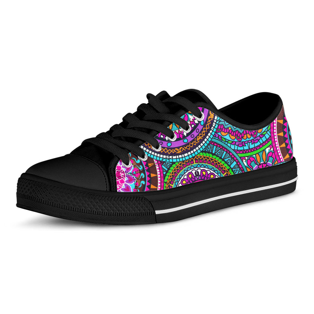 Purple Teal Circle Mandala Print Black Low Top Sneakers