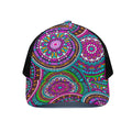 Purple Teal Circle Mandala Print Black Mesh Trucker Hat