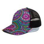 Purple Teal Circle Mandala Print Black Mesh Trucker Cap