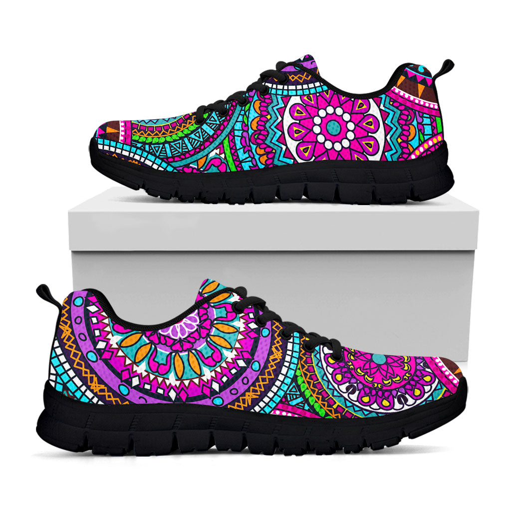 Purple Teal Circle Mandala Print Black Running Shoes