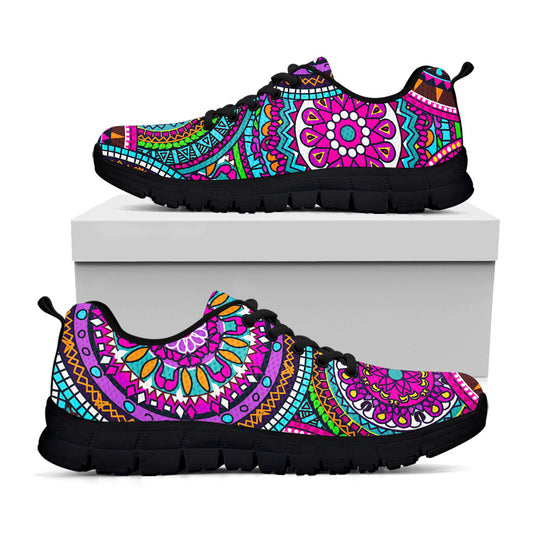 Purple Teal Circle Mandala Print Black Running Shoes