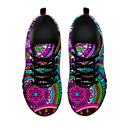 Purple Teal Circle Mandala Print Black Running Shoes