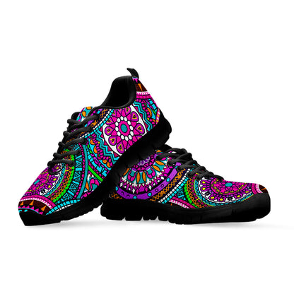 Purple Teal Circle Mandala Print Black Running Shoes