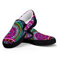 Purple Teal Circle Mandala Print Black Slip On Sneakers