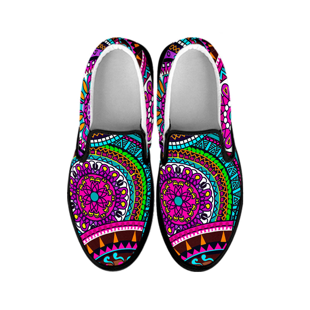 Purple Teal Circle Mandala Print Black Slip On Sneakers
