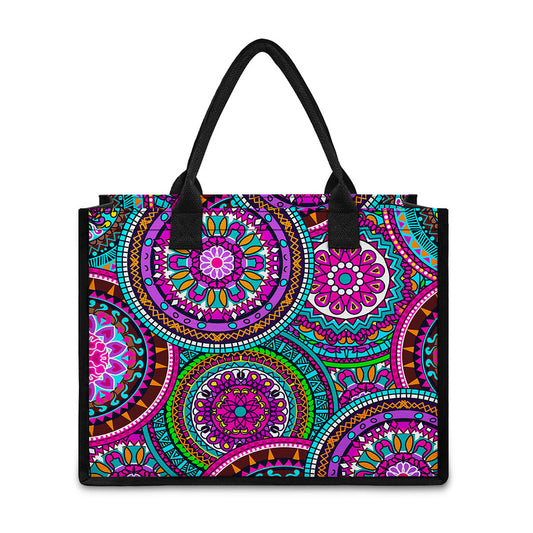 Purple Teal Circle Mandala Print Canvas Tote Bag