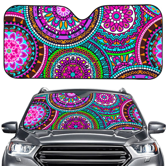 Purple Teal Circle Mandala Print Car Windshield Sun Shade