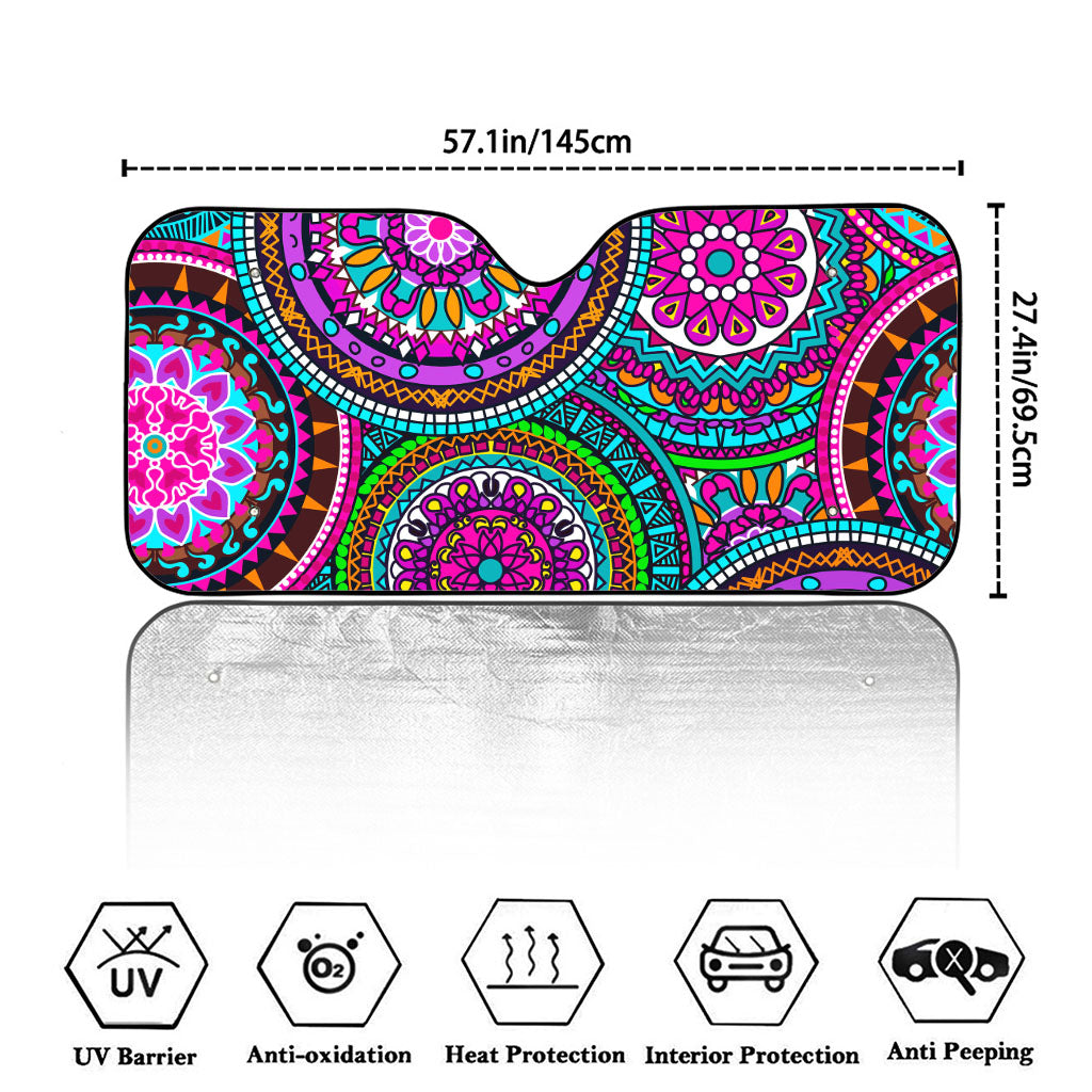 Purple Teal Circle Mandala Print Car Windshield Sun Shade