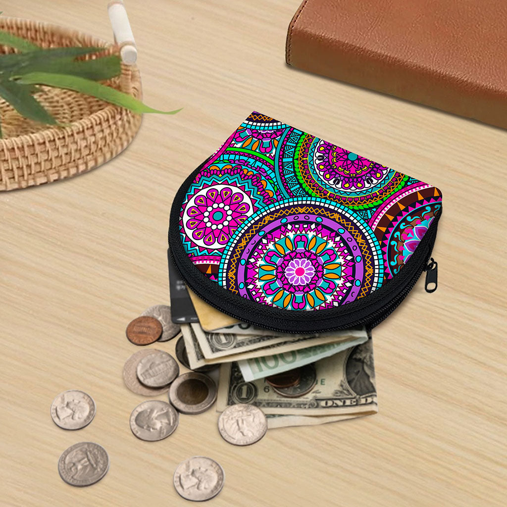 Purple Teal Circle Mandala Print Coin Purse