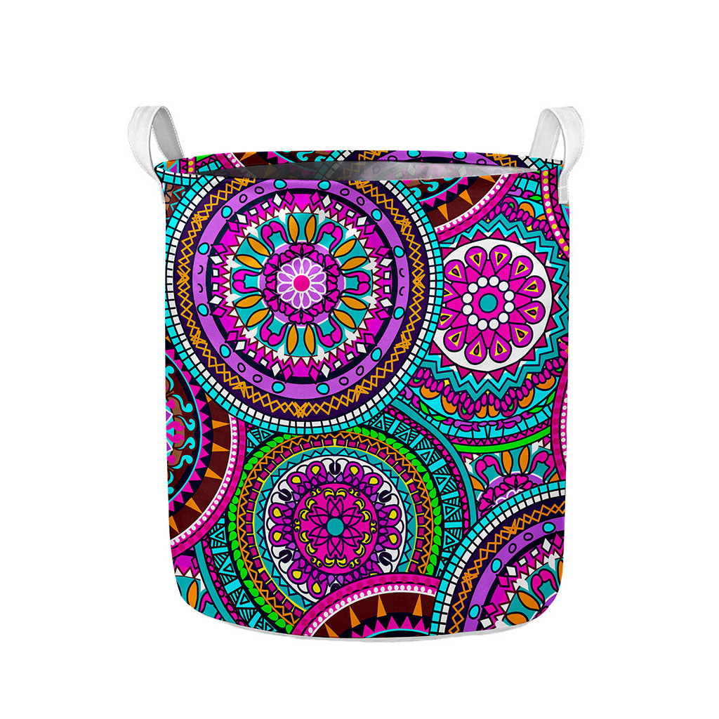 Purple Teal Circle Mandala Print Collapsible Laundry Basket