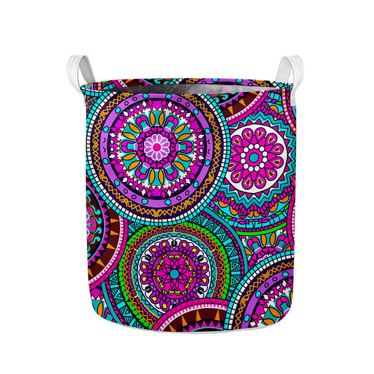 Purple Teal Circle Mandala Print Collapsible Laundry Basket