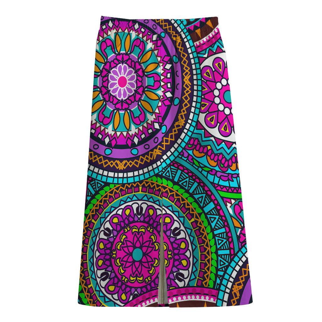 Purple Teal Circle Mandala Print Cotton Front Slit Maxi Skirt