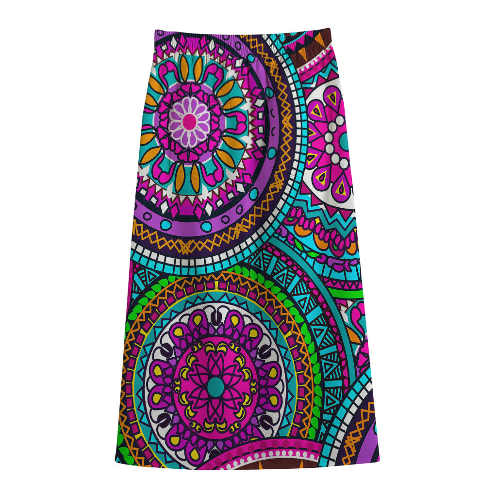Purple Teal Circle Mandala Print Cotton Front Slit Maxi Skirt