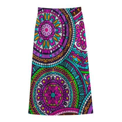 Purple Teal Circle Mandala Print Cotton Front Slit Maxi Skirt