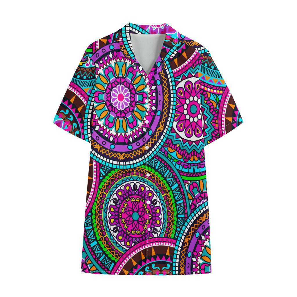 Purple Teal Circle Mandala Print Cotton Hawaiian Shirt