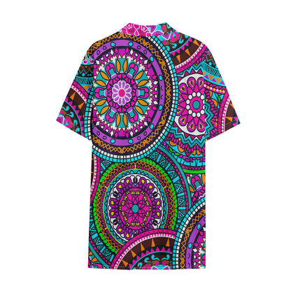 Purple Teal Circle Mandala Print Cotton Hawaiian Shirt
