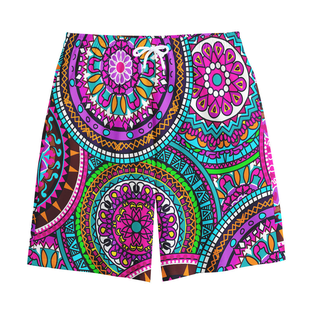 Purple Teal Circle Mandala Print Cotton Shorts