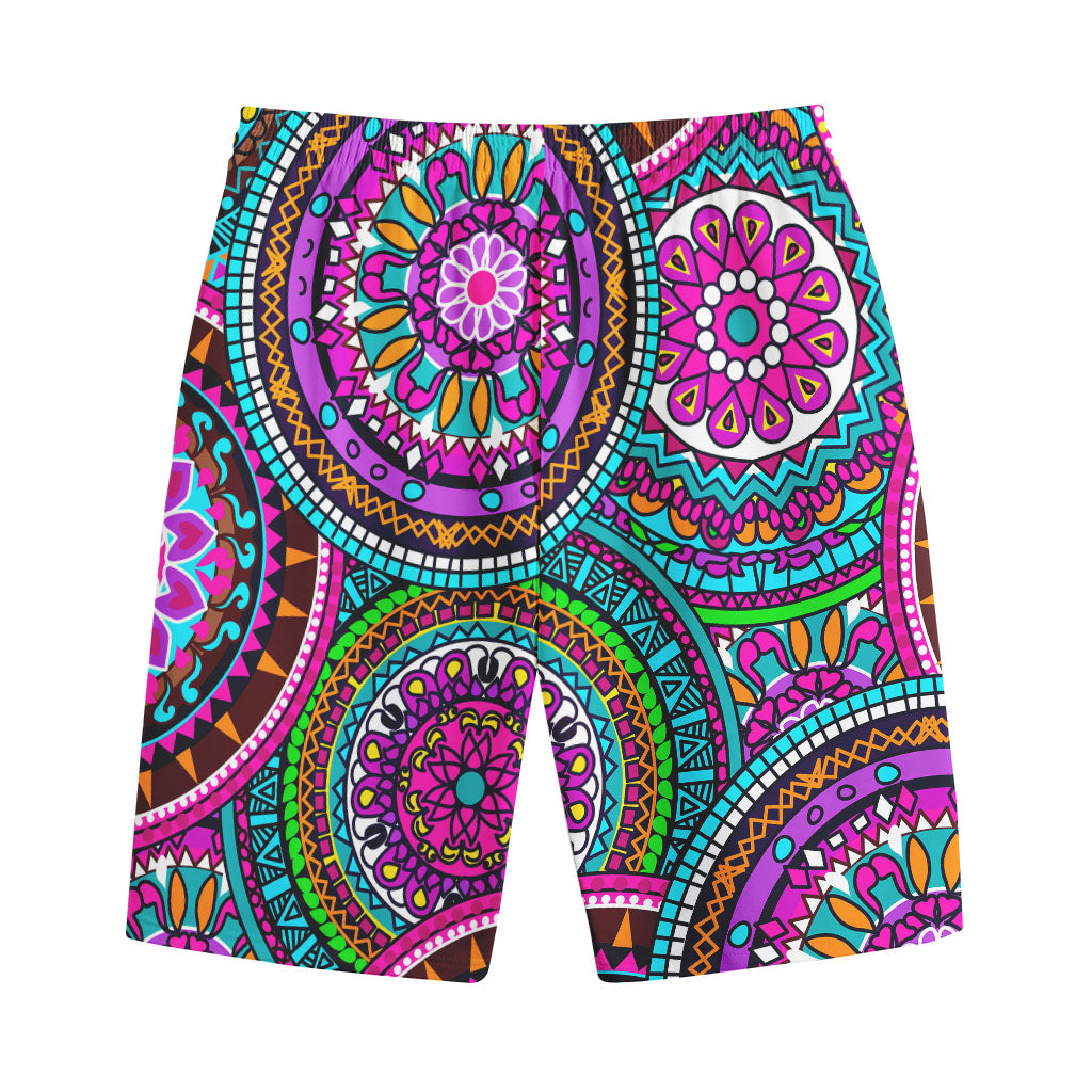 Purple Teal Circle Mandala Print Cotton Shorts