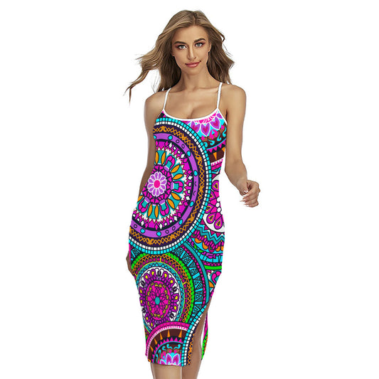 Purple Teal Circle Mandala Print Cross Back Cami Dress