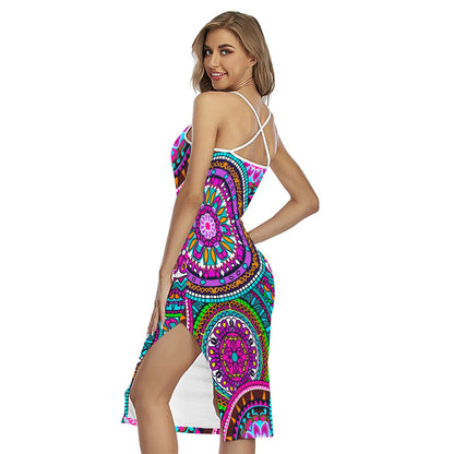 Purple Teal Circle Mandala Print Cross Back Cami Dress