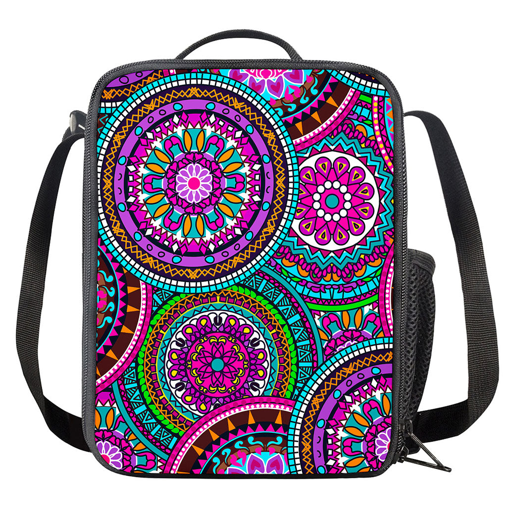 Purple Teal Circle Mandala Print Crossbody Lunch Bag