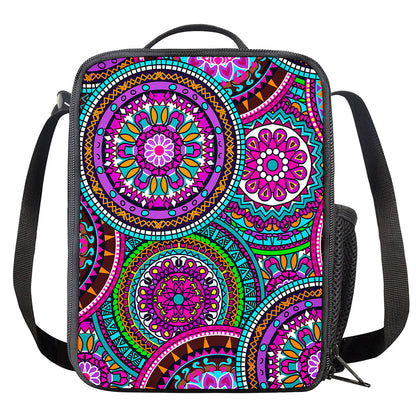 Purple Teal Circle Mandala Print Crossbody Lunch Bag