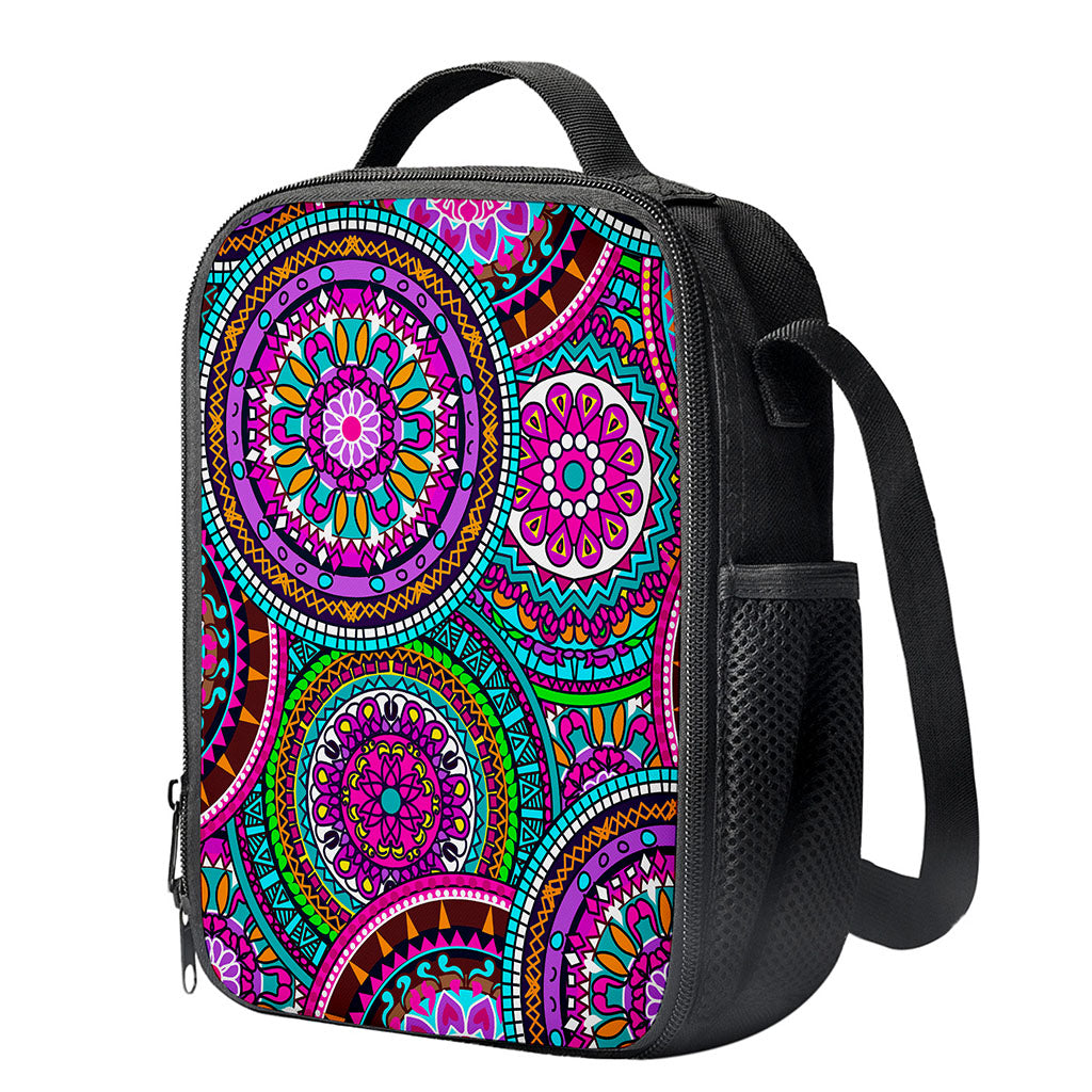 Purple Teal Circle Mandala Print Crossbody Lunch Bag