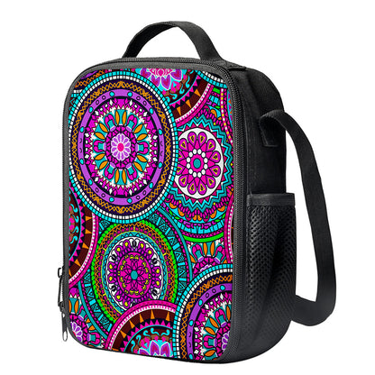 Purple Teal Circle Mandala Print Crossbody Lunch Bag