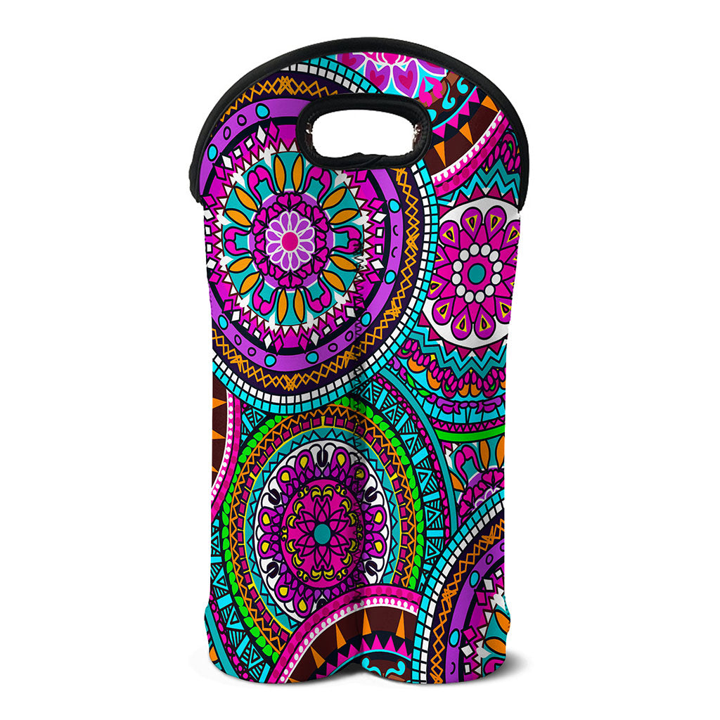 Purple Teal Circle Mandala Print Double Neoprene Wine Tote