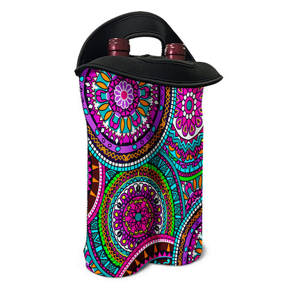Purple Teal Circle Mandala Print Double Neoprene Wine Tote