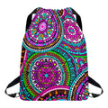 Purple Teal Circle Mandala Print Drawstring Backpack