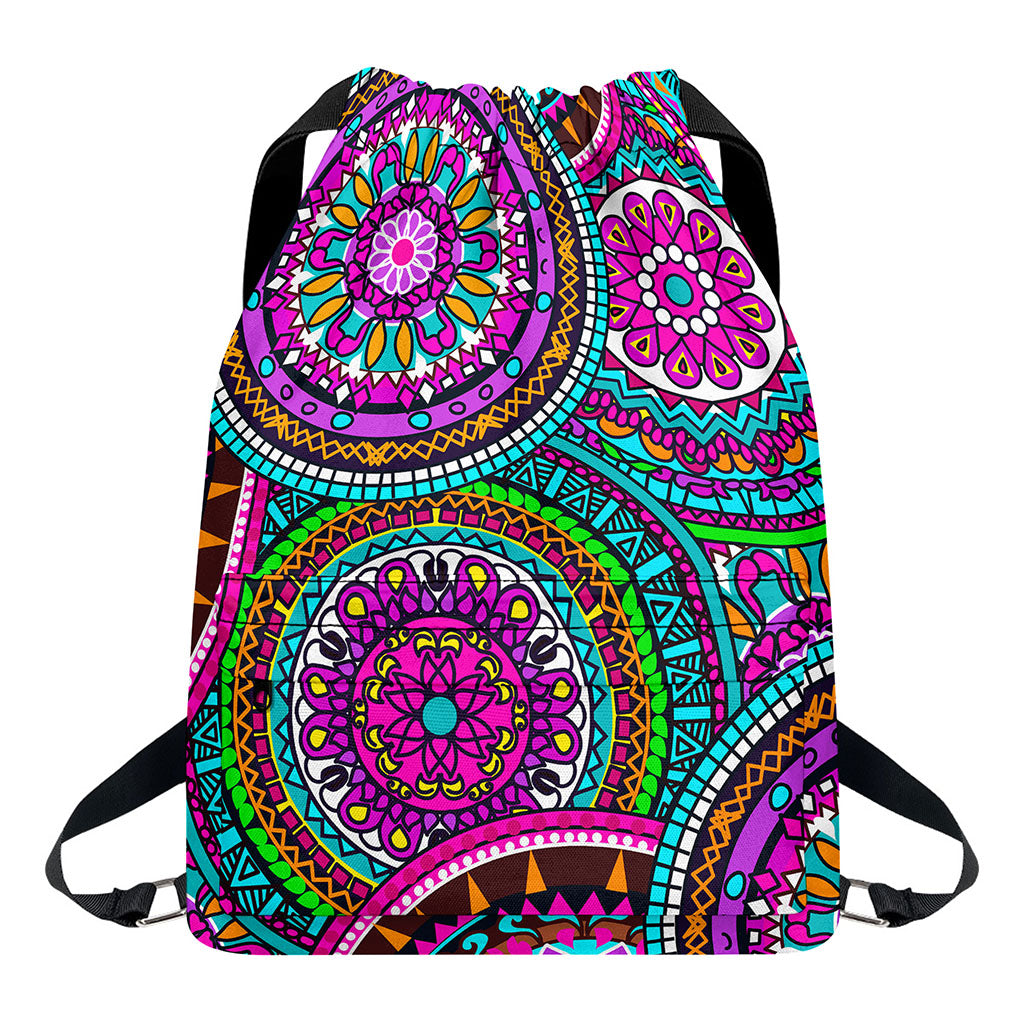 Purple Teal Circle Mandala Print Drawstring Backpack