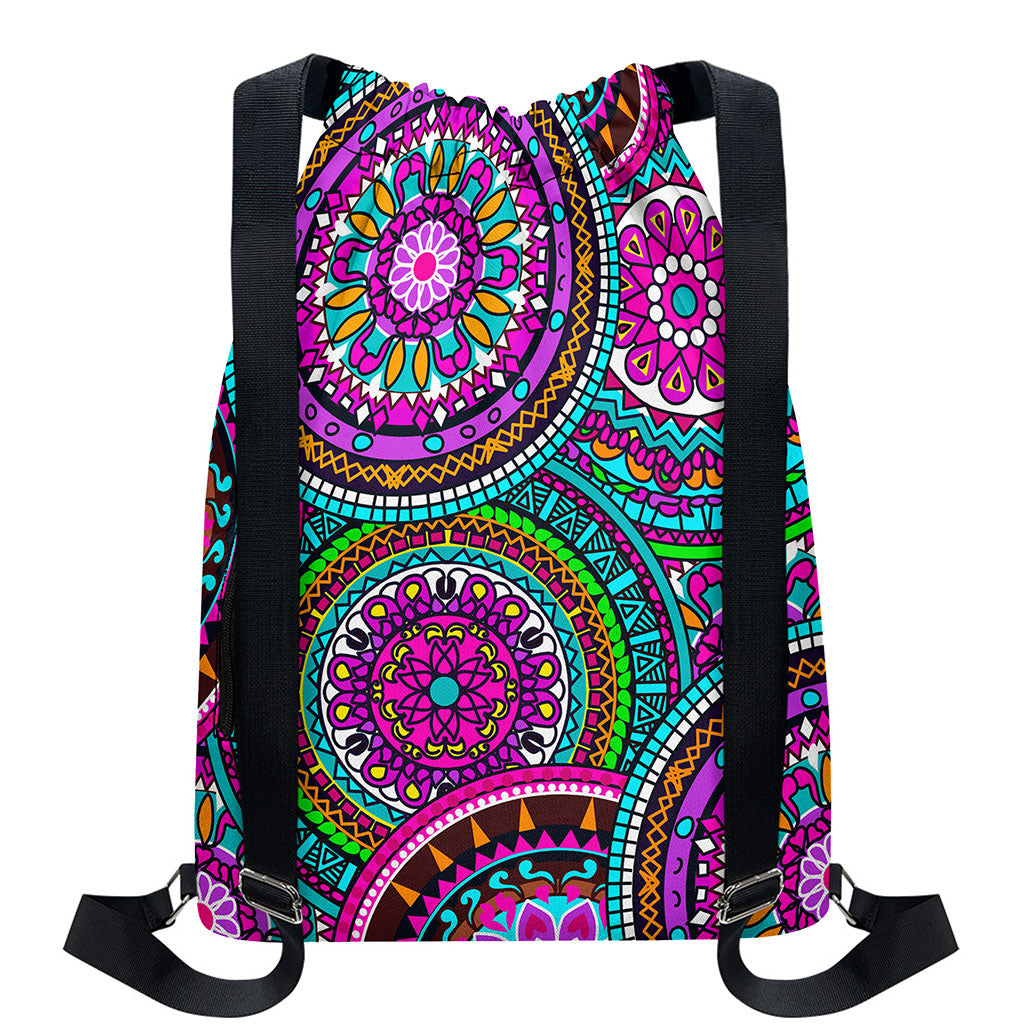 Purple Teal Circle Mandala Print Drawstring Backpack
