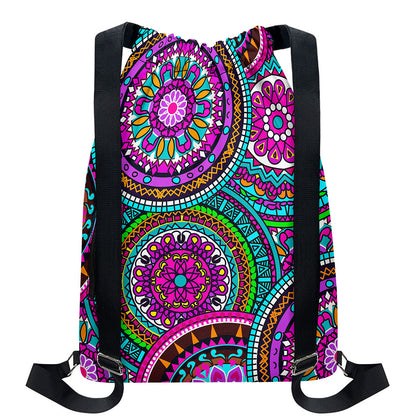 Purple Teal Circle Mandala Print Drawstring Backpack