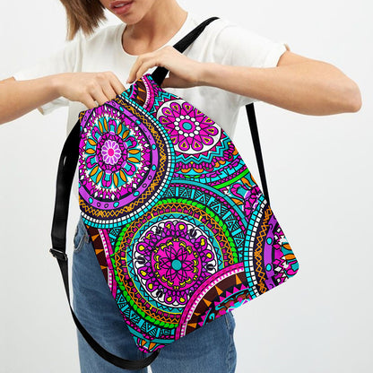 Purple Teal Circle Mandala Print Drawstring Backpack