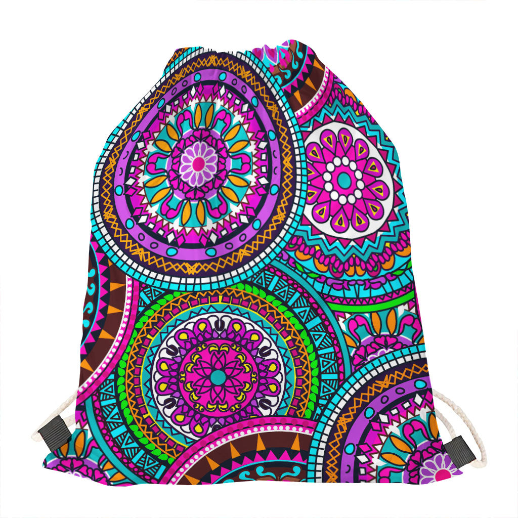 Purple Teal Circle Mandala Print Drawstring Bag