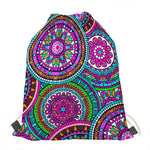 Purple Teal Circle Mandala Print Drawstring Bag