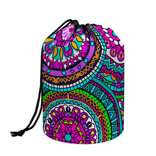 Purple Teal Circle Mandala Print Drawstring Makeup Bag