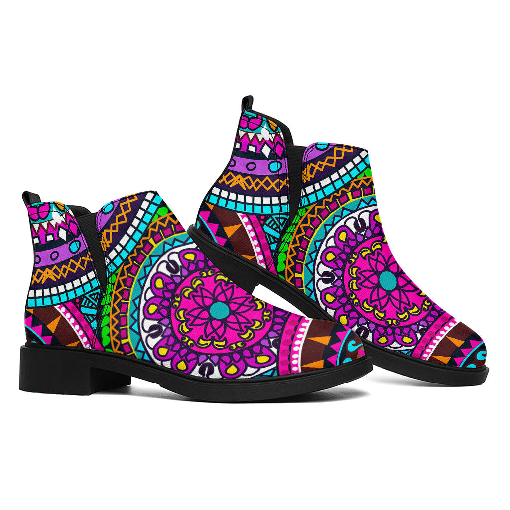 Purple Teal Circle Mandala Print Flat Ankle Boots