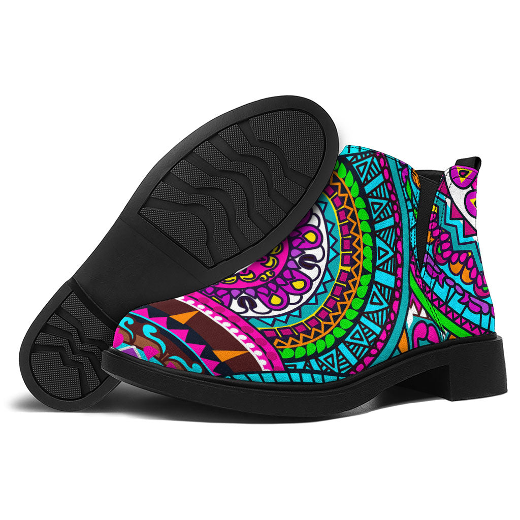 Purple Teal Circle Mandala Print Flat Ankle Boots