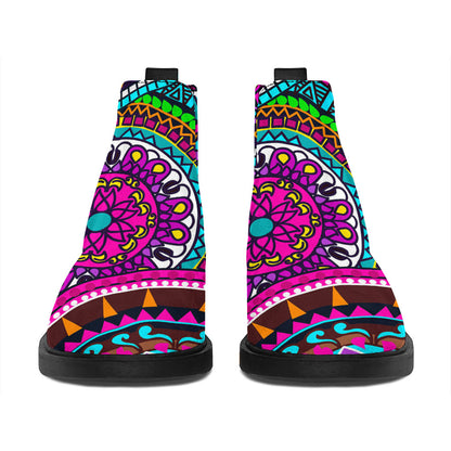 Purple Teal Circle Mandala Print Flat Ankle Boots