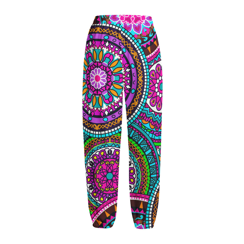 Purple Teal Circle Mandala Print Fleece Lined Knit Pants