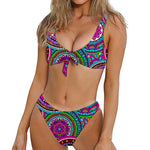Purple Teal Circle Mandala Print Front Bow Tie Bikini