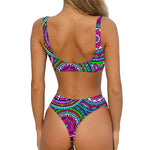 Purple Teal Circle Mandala Print Front Bow Tie Bikini