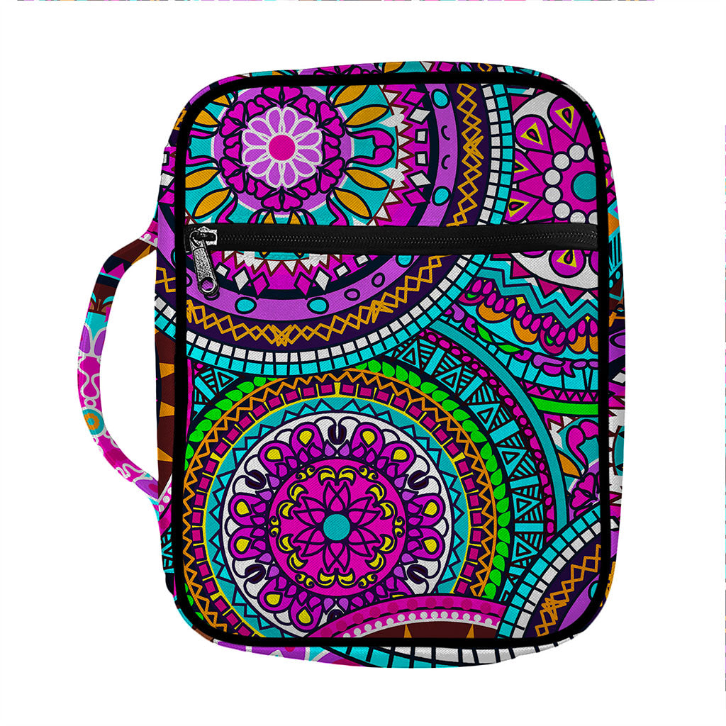 Purple Teal Circle Mandala Print Front Pocket Bible Bag