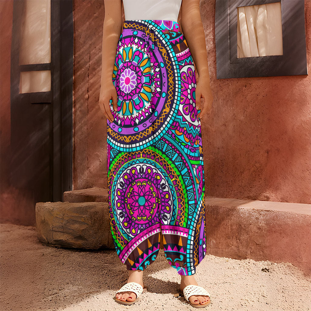 Purple Teal Circle Mandala Print Harem Pants